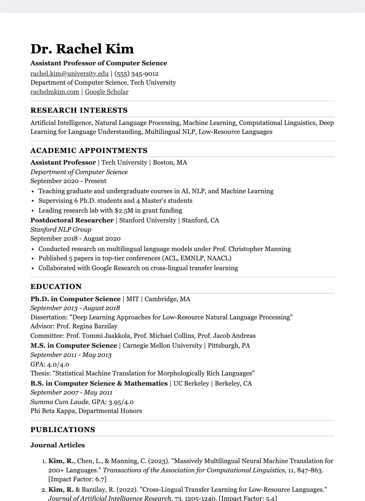Academic CV resume template preview