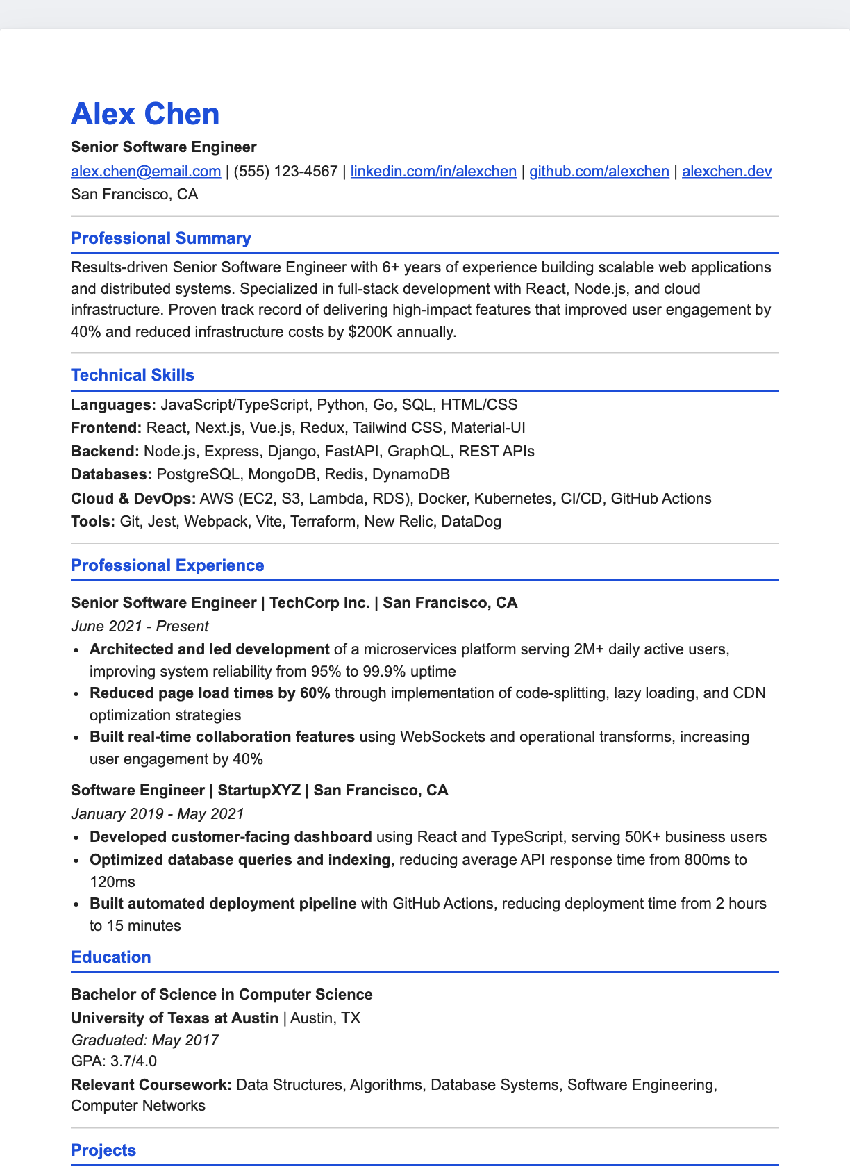 Bold Name Header resume template preview