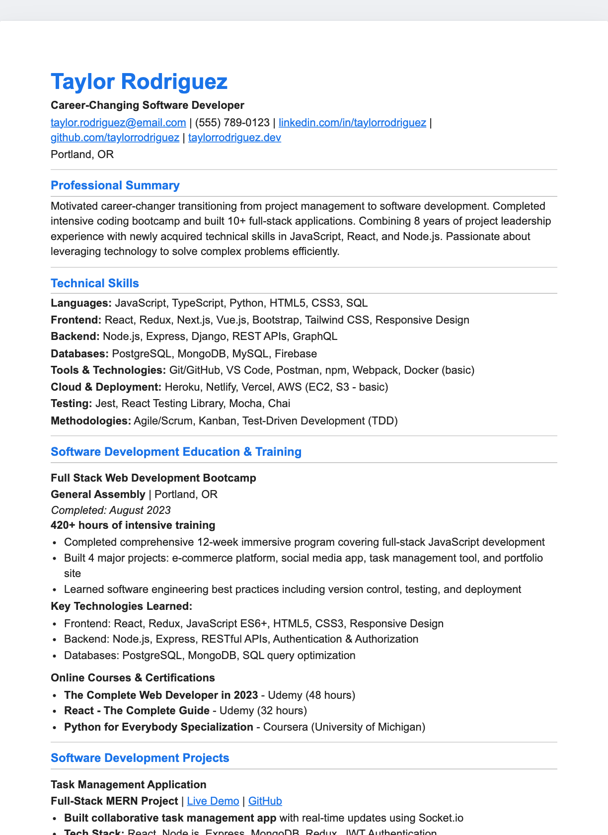 Career Change Focus resume template preview