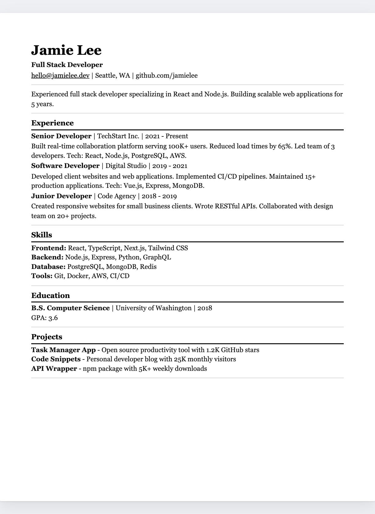 Classic One-Column resume template preview