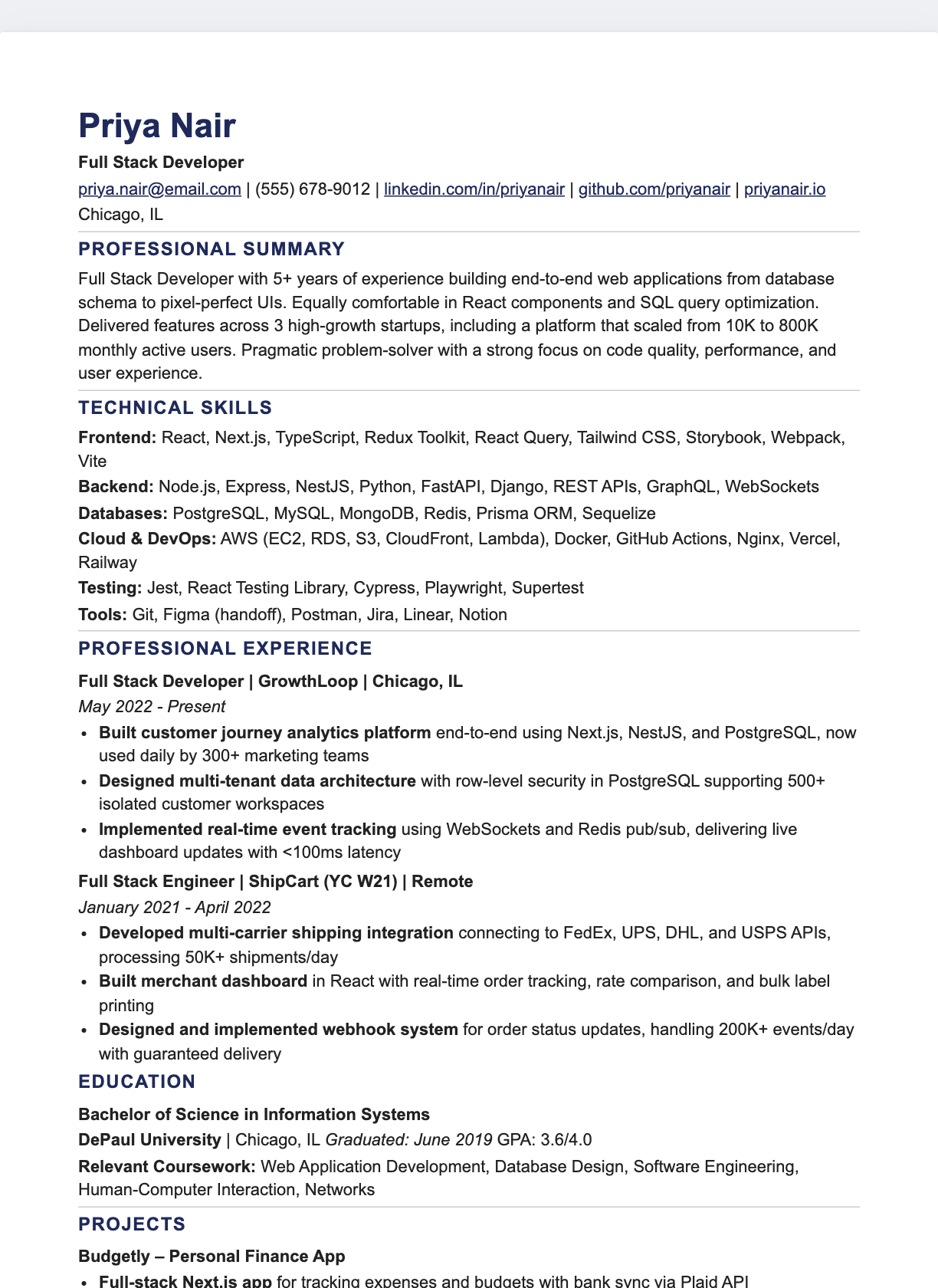 Compact Single-Column resume template preview