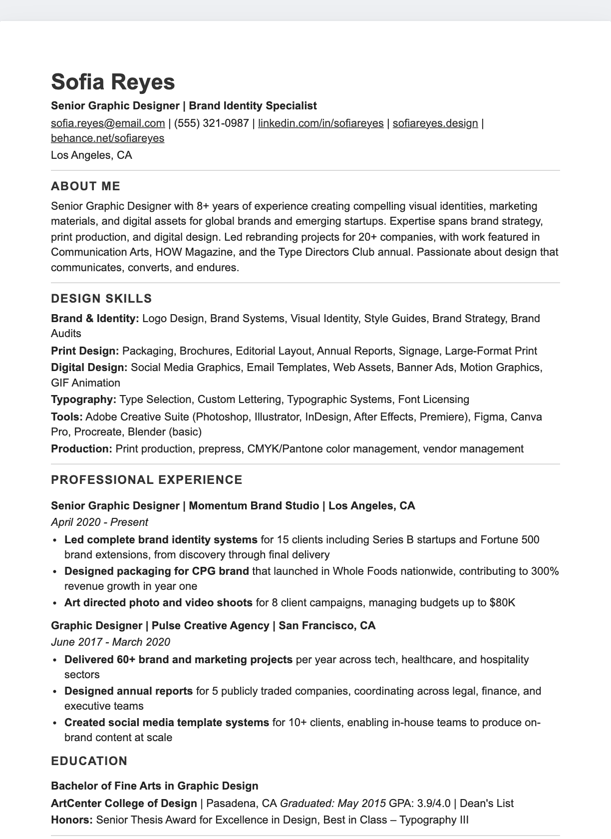 Designer Minimal resume template preview