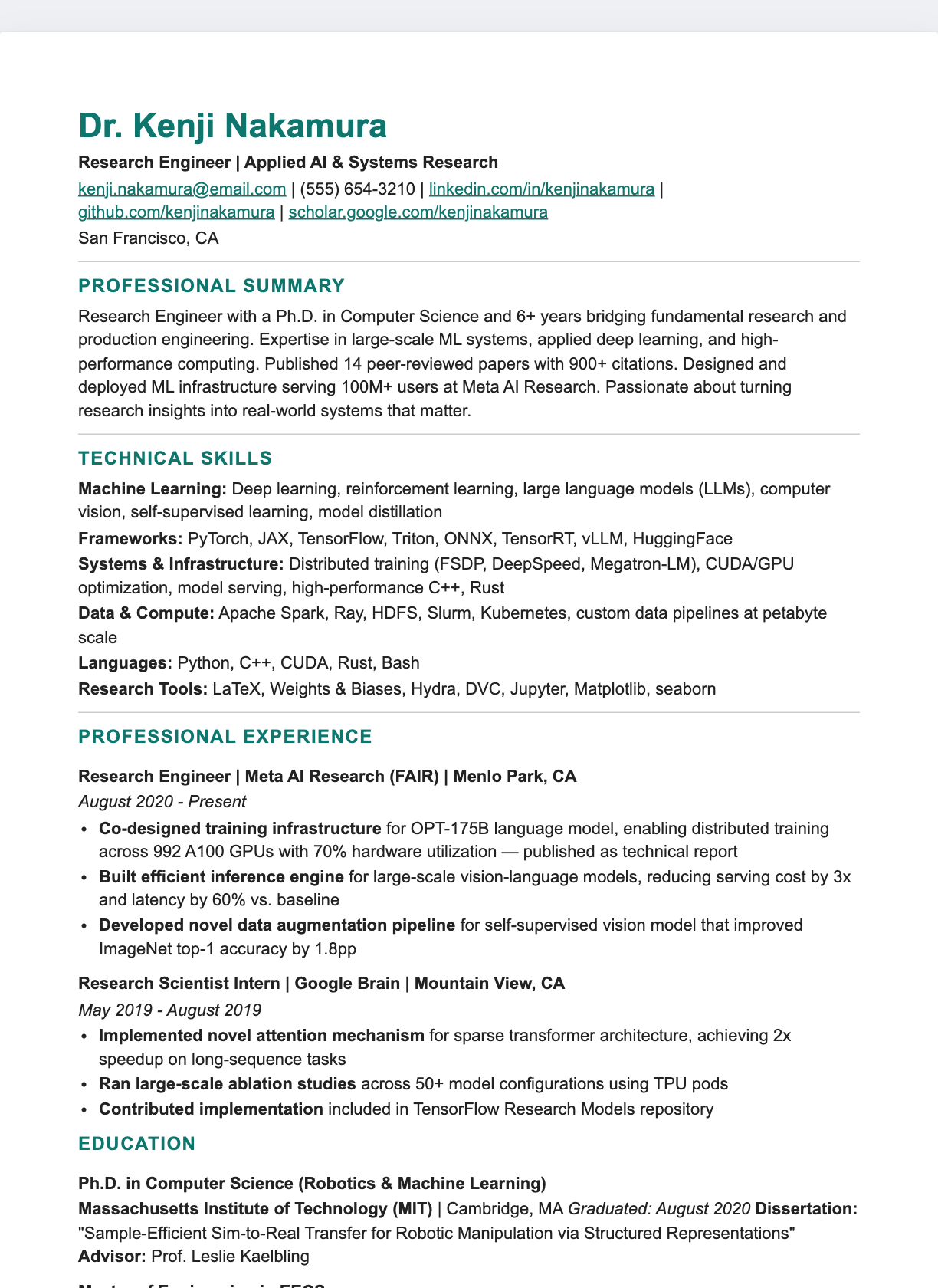 Modern Teal resume template preview