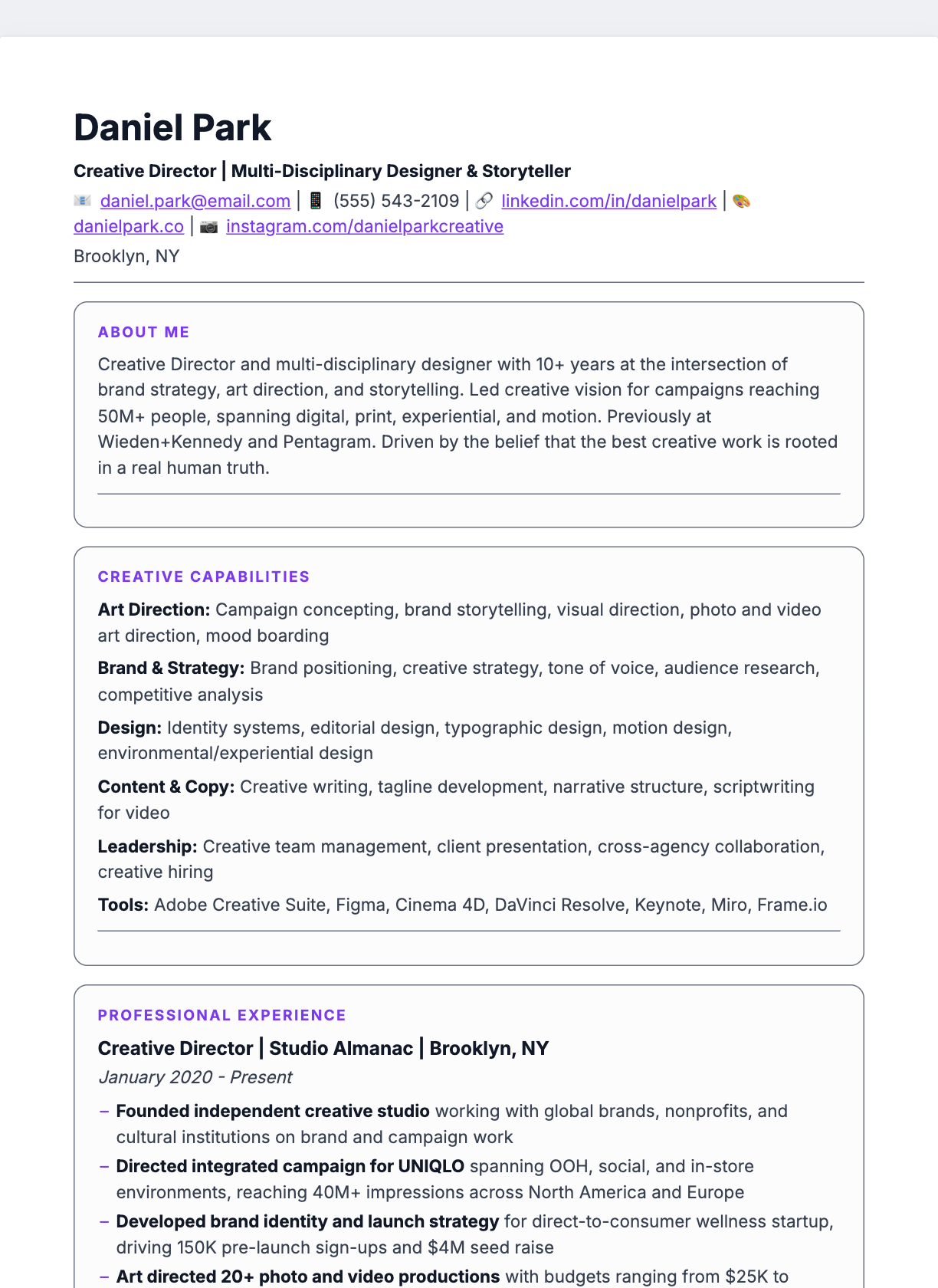 Card Sections resume template preview