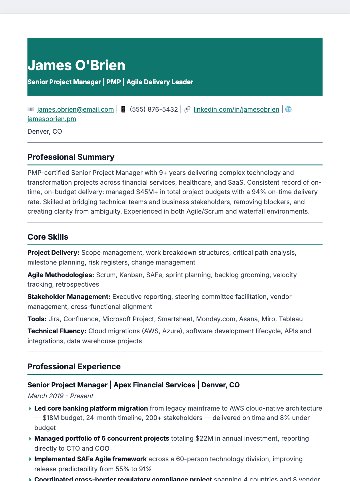 Colored Header Band resume template preview