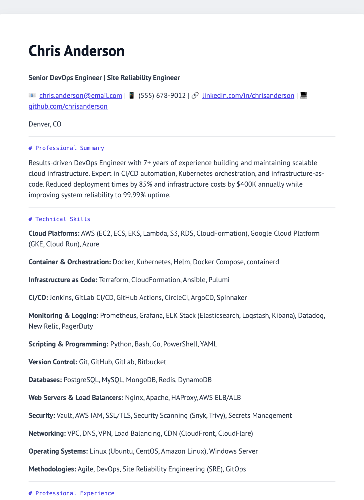 Developer Mono resume template preview
