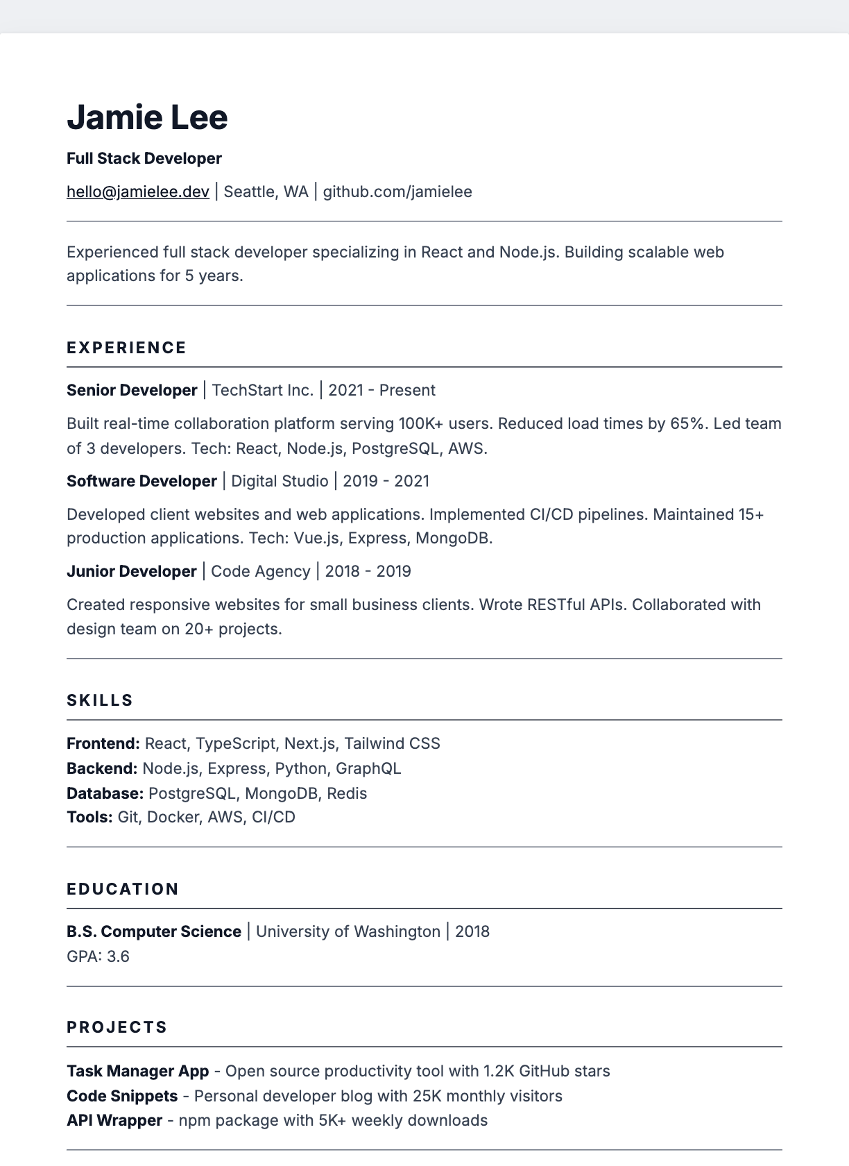 Full-Width Rule resume template preview